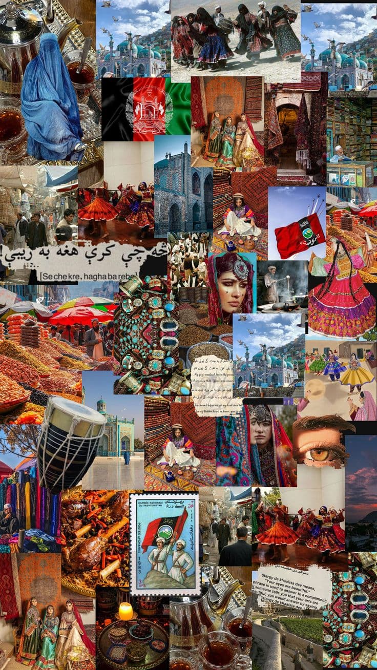 Afghan culture collage with markets, textiles, mosque architecture, and traditions