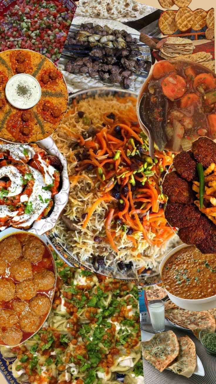 Afghan cuisine collage with qabuli palaw, kabobs, bread, and traditional dishes