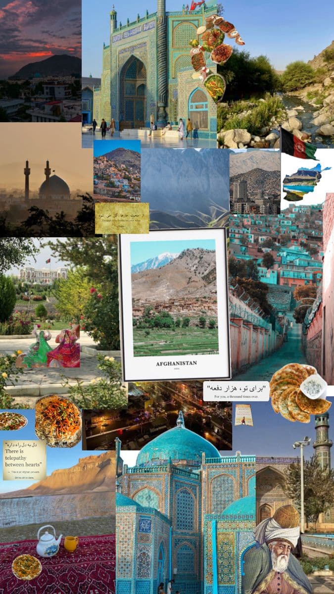 Afghanistan collage with Kabul landscapes, mosque architecture, mountains, food, and heritage